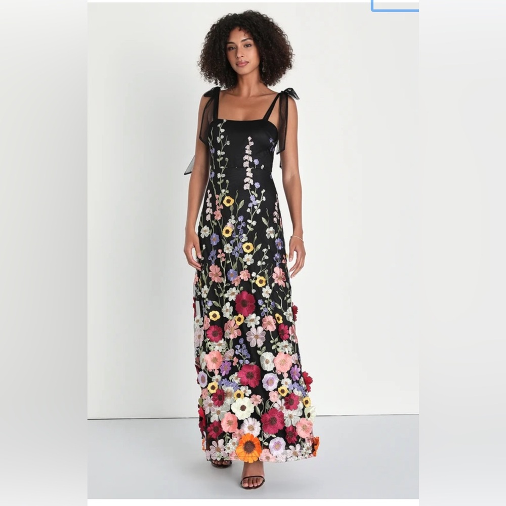 Lulus Thriving Poise Black 3D Floral Embroidered Tie-Strap Maxi Dress